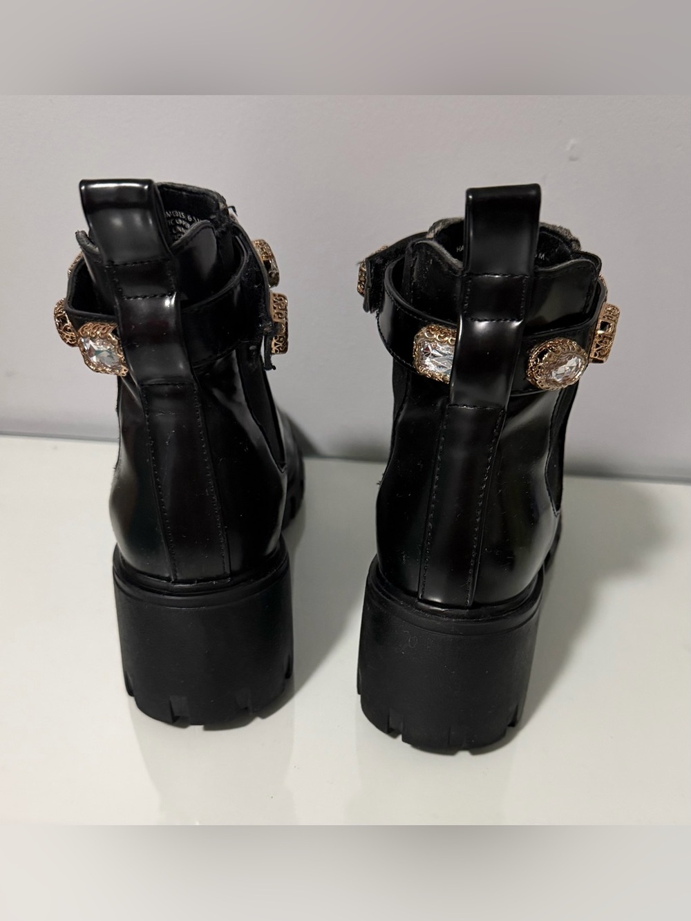 Steve Madden Black Leather Ankle Boots with Crystal Embellished Strap - Picture 5 of 7